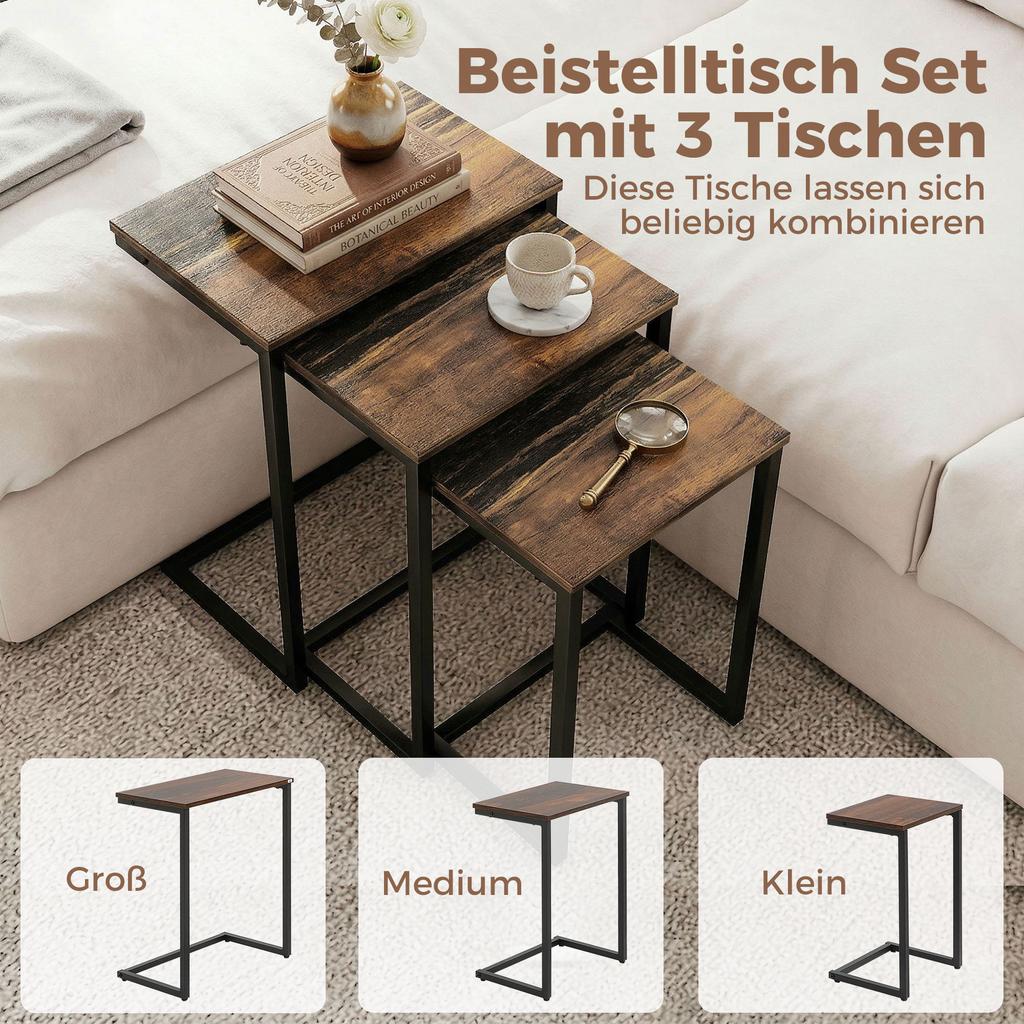 Nesting Side Tables Set of 3, C-Shaped Snack Side Tables with Steel Frame for Sofa Couch and Bed, Rustic Brown