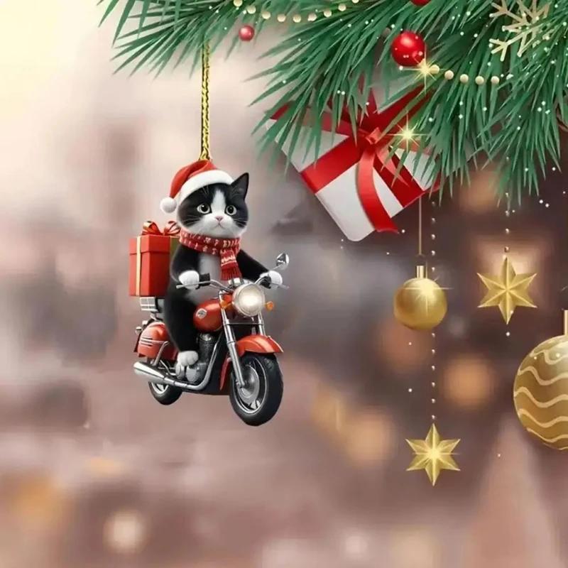 2D Acrylic Flat Creative Cute Guitar Dog Black Cat Riding Motorcycle Keychain Car Pendant Home Christmas Tree Decoration