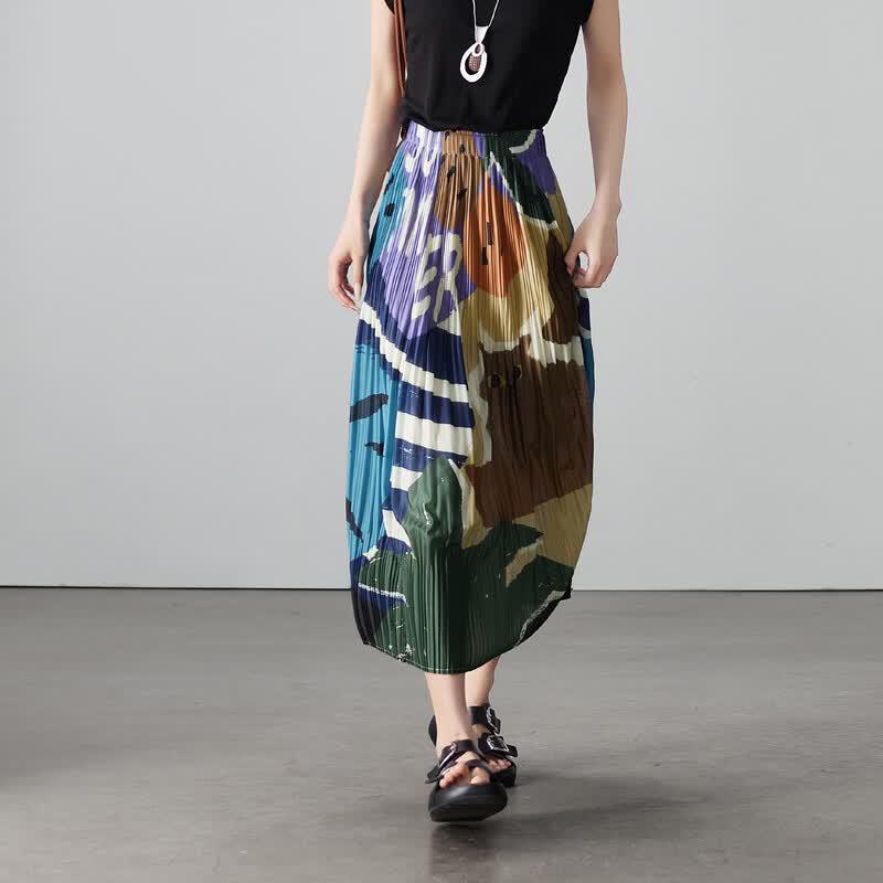 SOFSIL Women's Oil Painting Print Pleated A-line Skirt