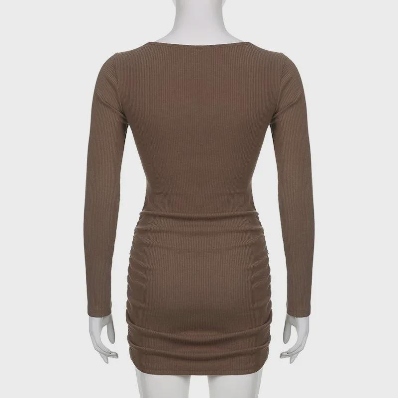 Sexy V-Neck Pleated Autumn/Winter European & American Style Slim Dress