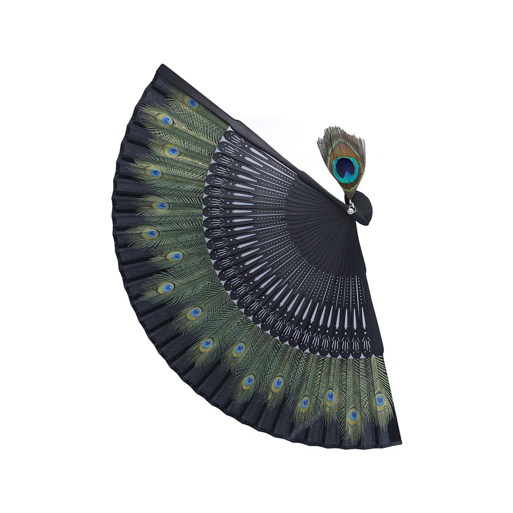 Folding Fan Black Bones Beautiful Peacock Pattern Antique Bamboo Hand Fan for Performance Clothes Decoration Gift