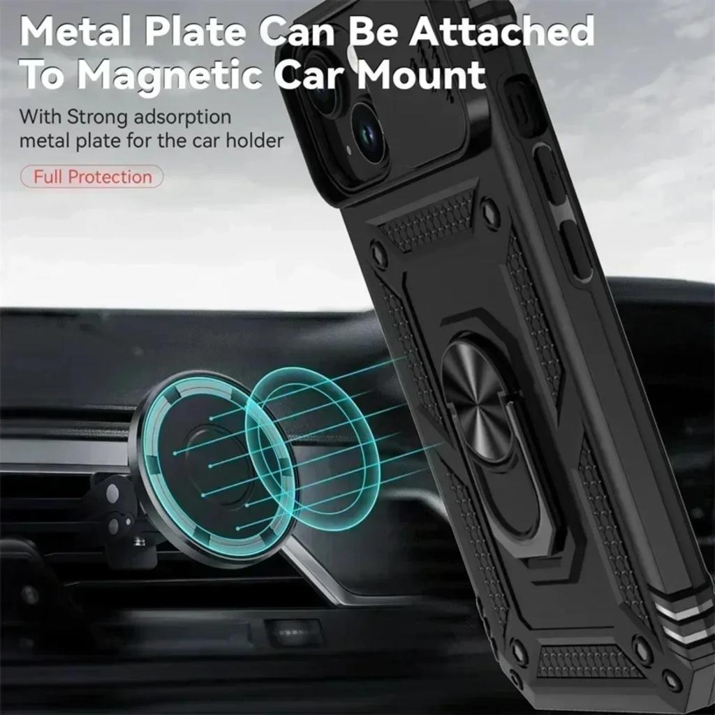 Armor Case for iPhone 16 14 13 12 11 15 Pro Max 16 Plus 13Mini 12Mini Ring Stand Rotating Slide Camera Lens Military Grade Cover