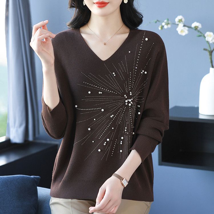 Autumn and Winter Women's V-Neck Sweater Solid Color Loose Beaded Sweater Plus Size Knitted Pullover Top