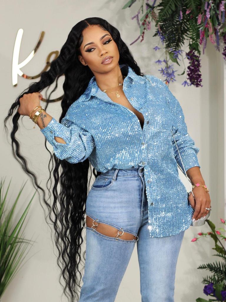 Autumn/Winter Versatile Suede Lapel Shirt with Sequins and Beads