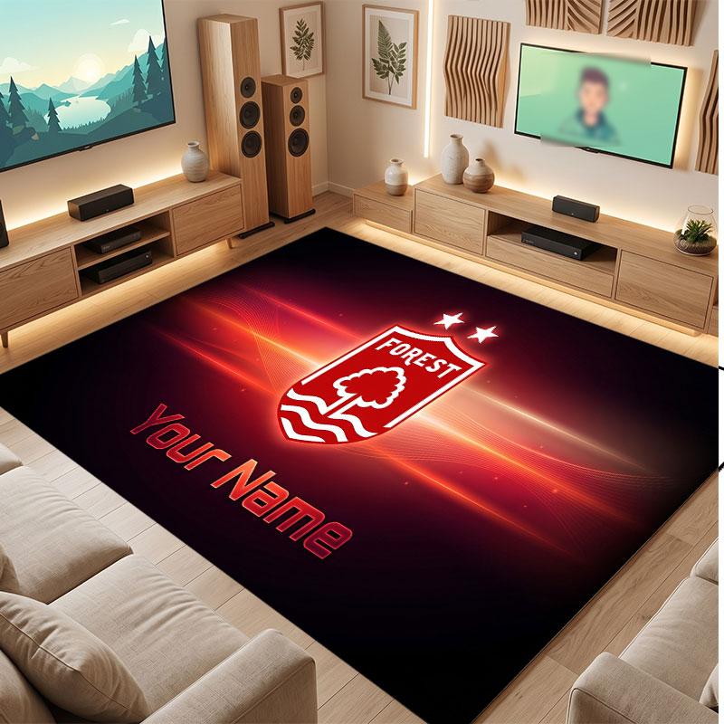 Nottingham Forest Benutzerdefinierter Kristall-Samt-Teppich, Personalisierter Namens-Textdruck, Fußball-Logo Weiche Rutschfeste Fußmatte Heimdekoration Geschenk