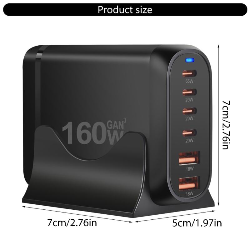 Multiple Device Charging Station, 160W USB C Charger with Double USB & 4Type C Port, for Electronics Devices Travel Use