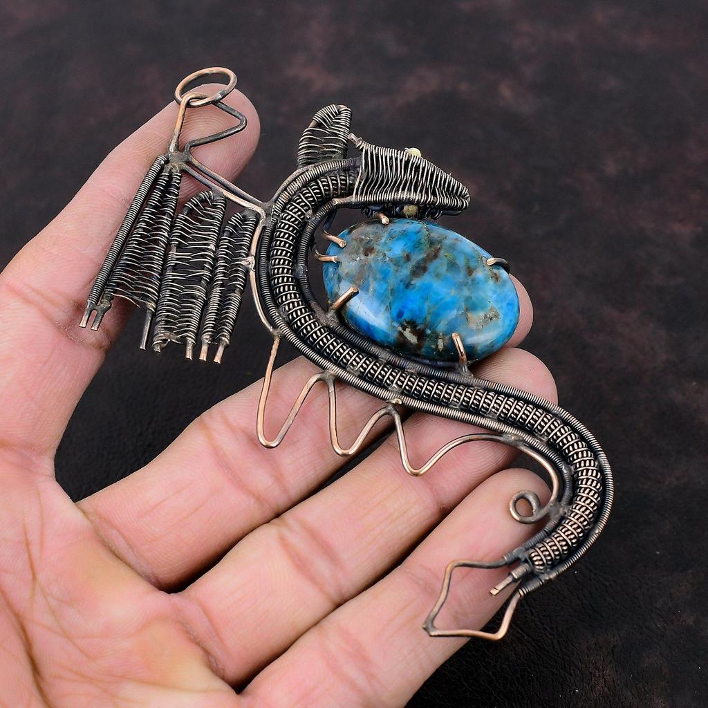 Neon Apatite Pendant Copper Wire Wrapped Pendant Handmade Pendant Copper Jewelry Dragon Pendant Original Gemstone Jewelry Anniversary Gifts