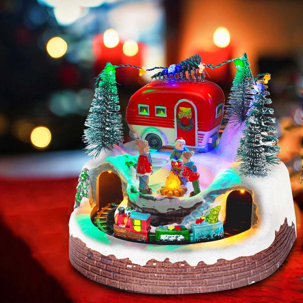 Christmas Village Houses Campfire Scene with LED Lights and Moving Train Indoor Home Tabletop Decorations Holiday Displays USB