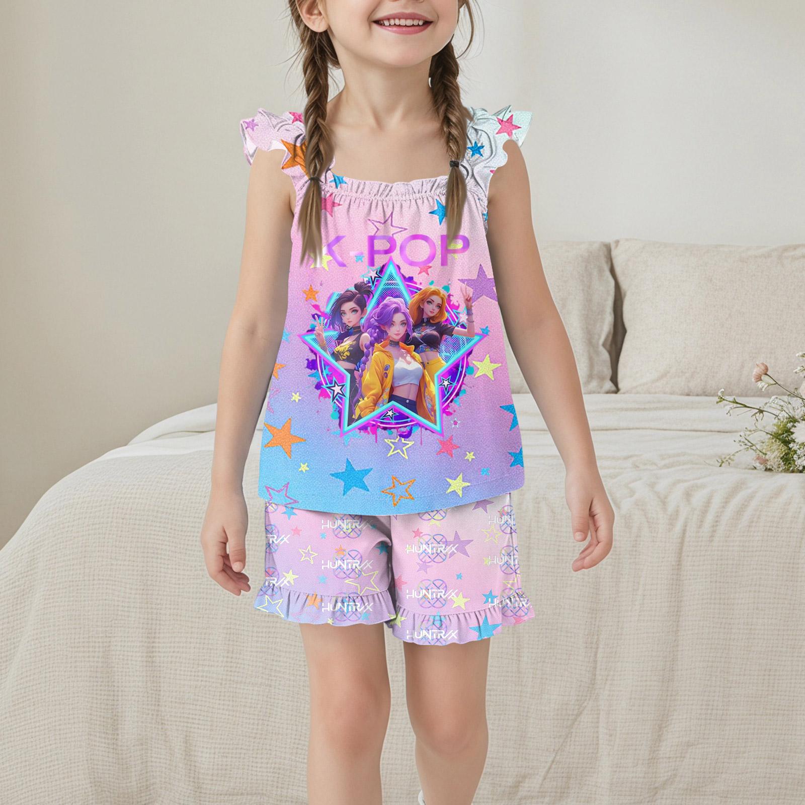 

Girls Sleeveless Top and Shorts Set Lightweight Casual Loose Fit Summer Outfit with Printed Design Comfortable Soft Fabric 160 фіолетовий