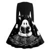 Womens Casual Halloween Print Vintage Style Dress Long Sleeve Round Neck A-Line Skirt Midi Length with Ribbon Waist Tie