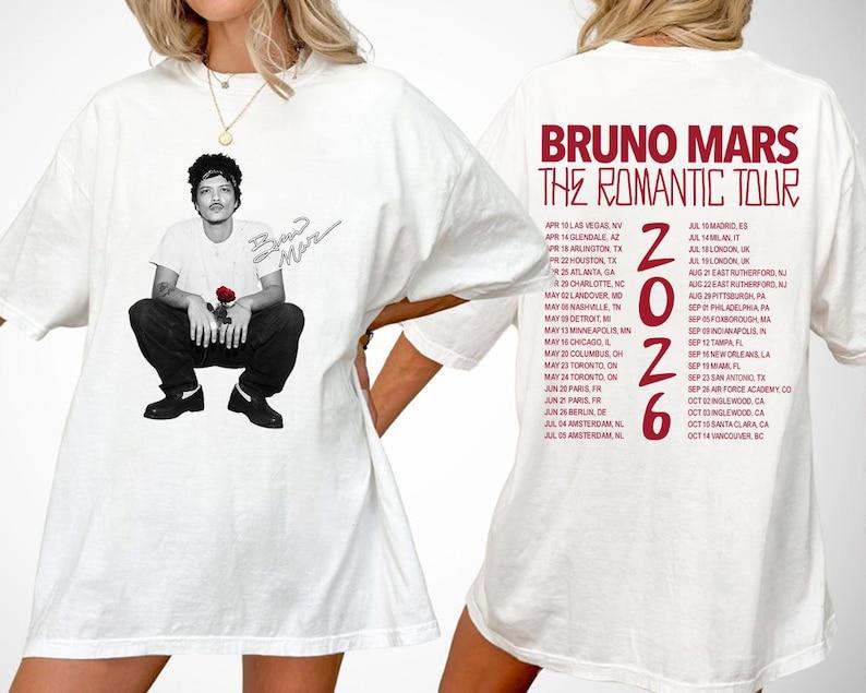Bruno Mars The Romantic Tour Inspired Print Short Sleeve Cotton T-shirt 2026 Retro Pop Concert Men Women Tee Music Fan Gift
