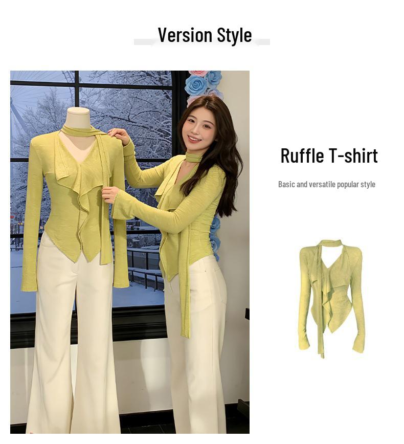 Ruffle Tie V-Neck Long Sleeve Green Slimming Casual T-shirt for Women
