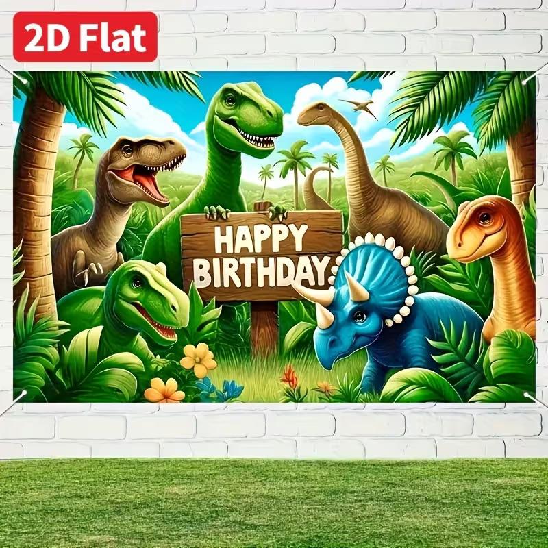 Bright Color Dinosaur Birthday Backdrop, Tropical Palm Tree Jungle Party Background for Birthday Photoshoot Wall Decor