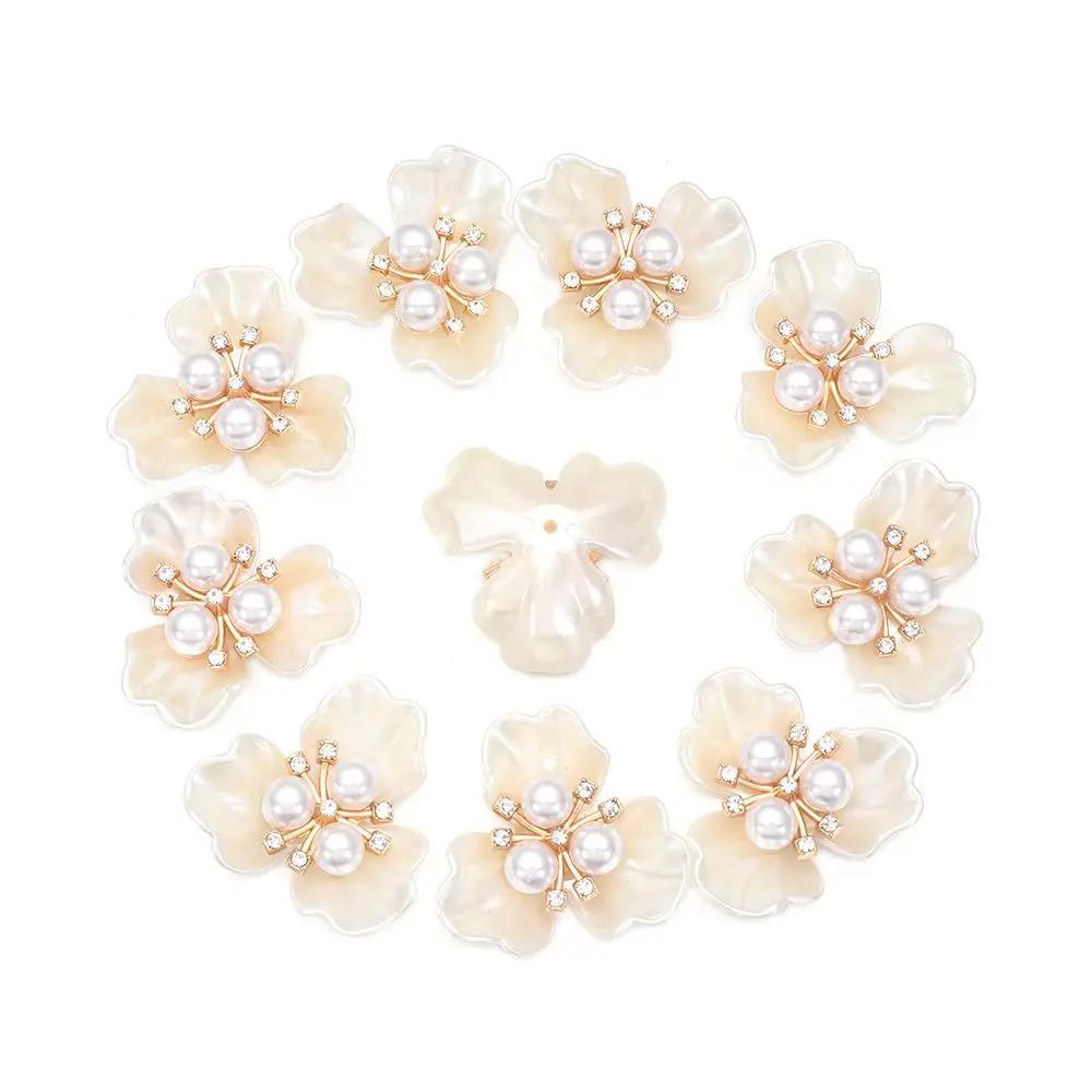 10PCS Pearl Flower Rhinestone Buttons Sparkling Crystal Hairpins Decorative Buttons for Clothes DIY Apparel Sewing Accessories