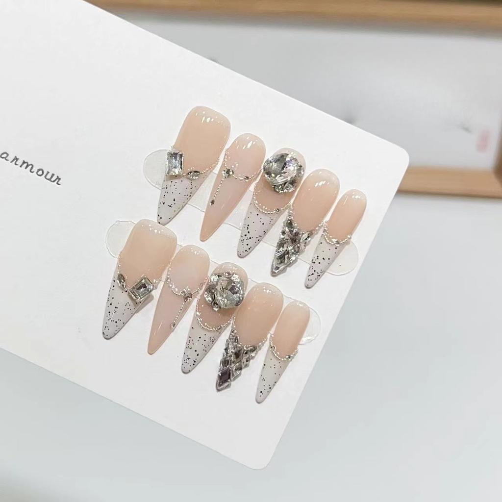 Pure Erotic Style Wear Nude Color White Chocolate French Flash Diamond Chain Nail Art Finished Product Removable Nail Sheet