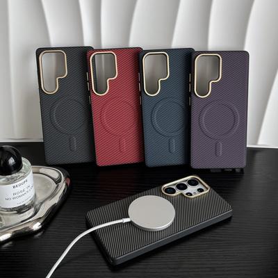 Samsung S25ultra Mobile Phone Case S24plus Kevla Carbon Fiber Pattern Magnetic Suction Belt Metal Lens Ring