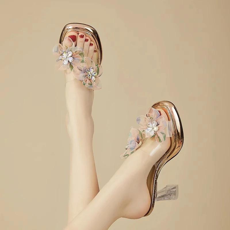 Shoes Woman 2025 Slippers Summer Heeled Mules Square heel Glitter Slides Pantofle High Block Jelly Transparent New Scandals Pump