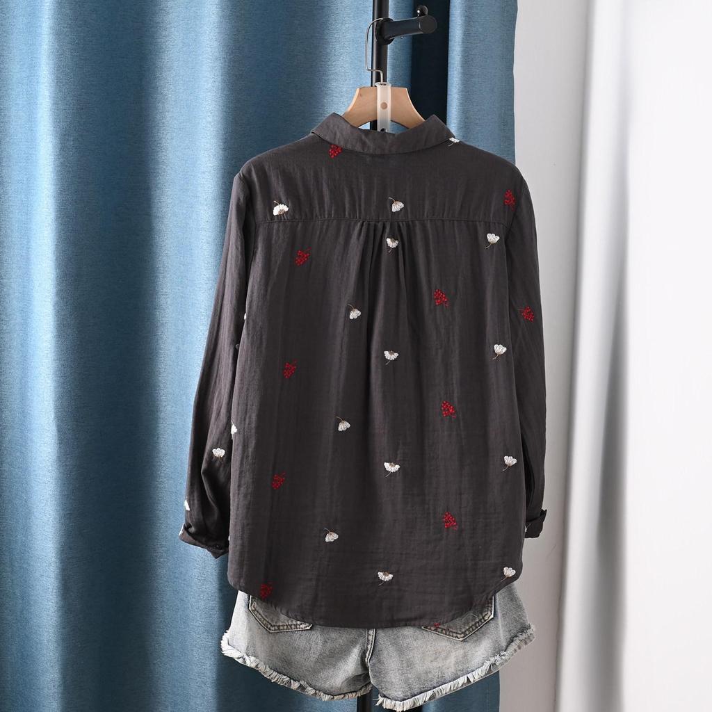Double-Layer Gauze Floral Embroidered Long-Sleeve Autumn Shirt for Women