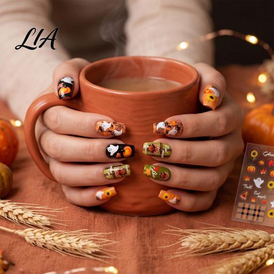Beginners Nail Art Stickers for Halloween Thanksgiving, Autumn Turkey Pumpkin Maple Self-adhesive Leaf Manicure Sticker, Embossed Waterproof Adhesive