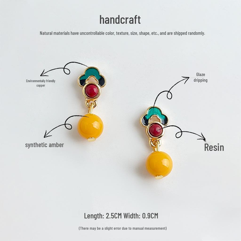Vintage Cloud Enamel & Synthetic Amber Earrings - Tibetan Ethnic Style