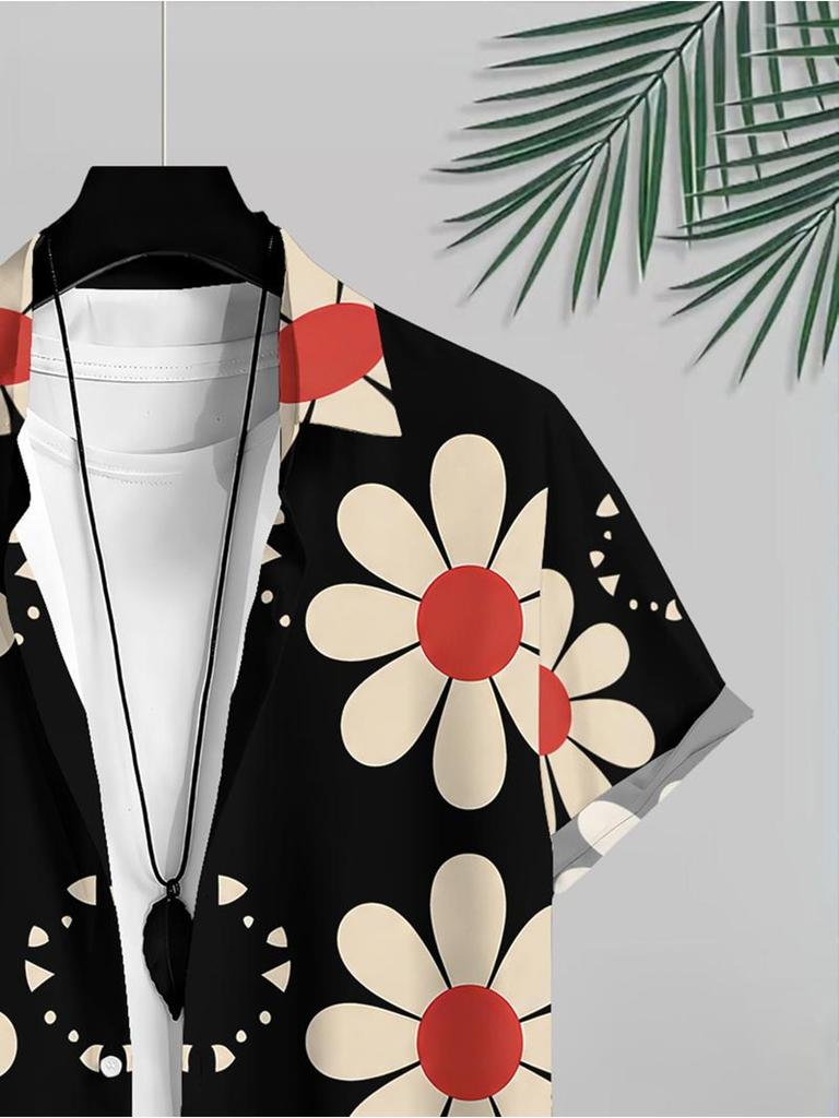 Men'S Casual Shirt, Mixed Colors, Multiple Specifications Available, Polyester Material, Daisy Pattern Short Sleeves, Beach Style, Stylish And