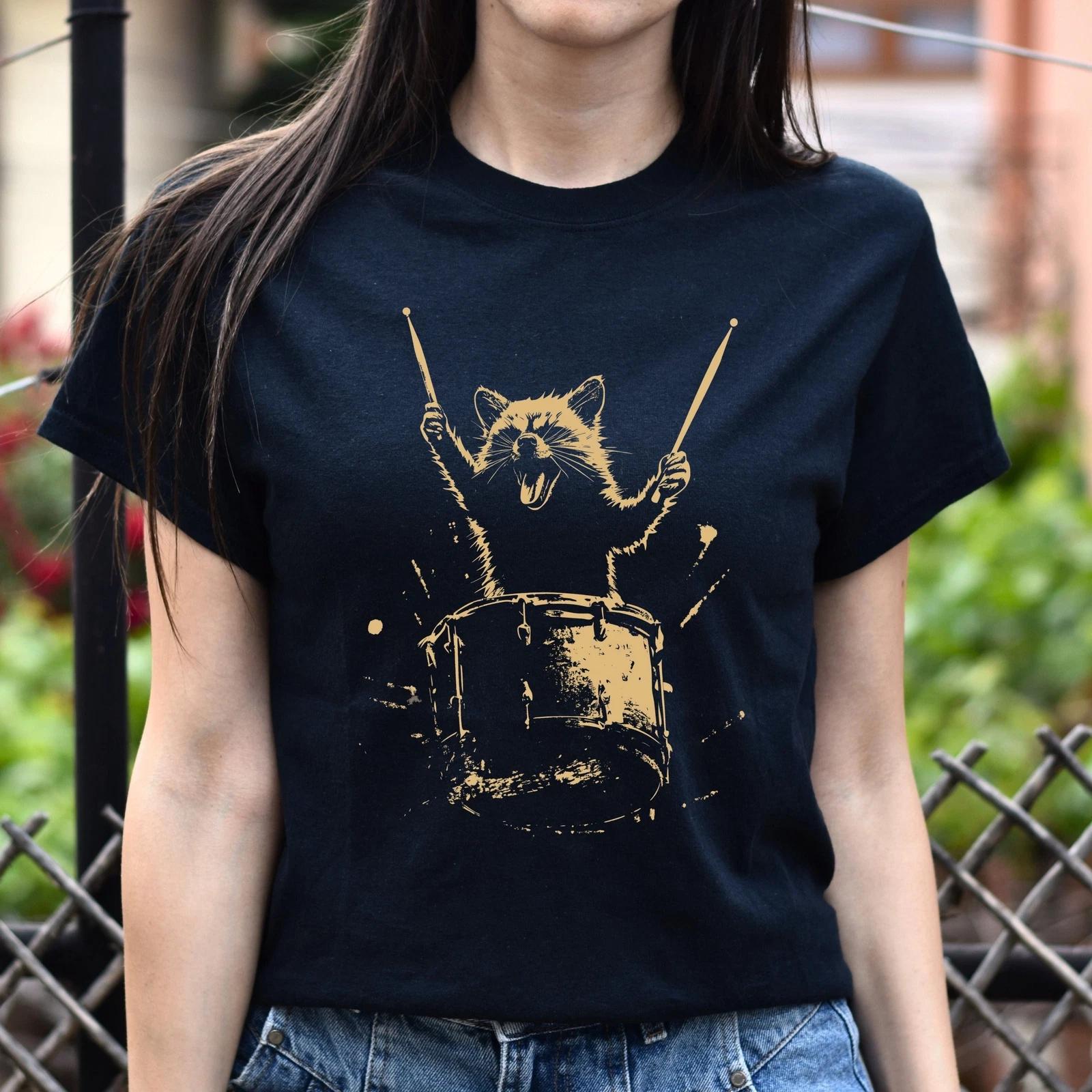 Racoon playing drums Unisex T-Shirt gift Cool drums music band racoon tee Black 2XL
