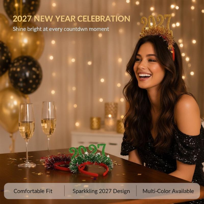Christmas Light Up Headband 2027 Cute Glitter Hair Hoop New Year Eve Costume Party Accessory For Women Girls Holiday Dress Up