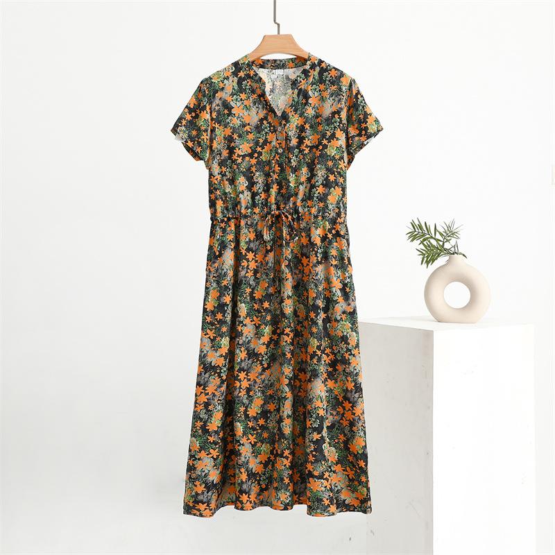 Breathable and Comfortable Summer Short-sleeved Thin Cotton Nightgowns Women's Tie Waist Loose Floral Casual Dresses