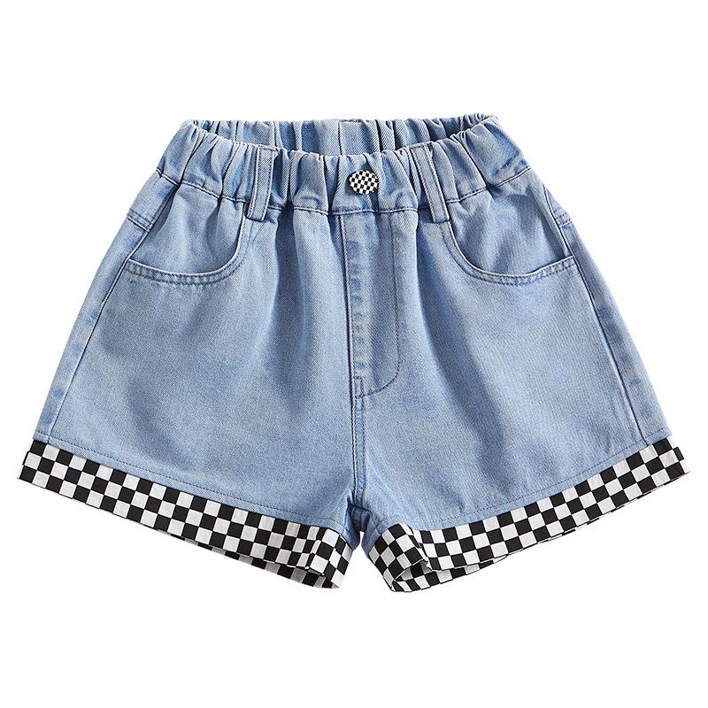 Girls' Summer Checkerboard Denim Shorts - Trendy & Lightweight