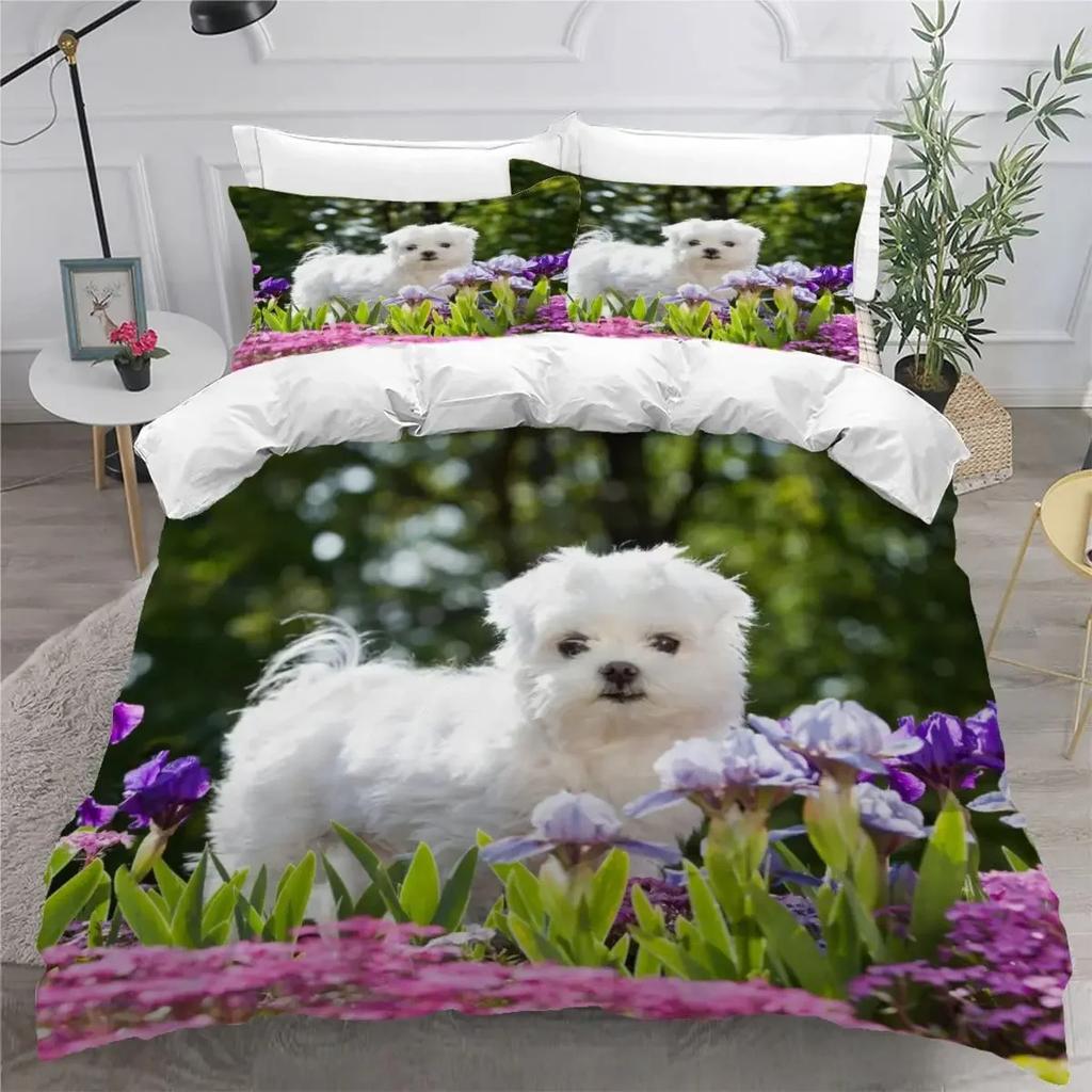 Sött Påslakanset med Maltesisk Hund Husdjur Hundar Tema Sängkläder Mikrofiber Kawaii Djur Täcke Överdrag Twin King För Barn Tonåringar
