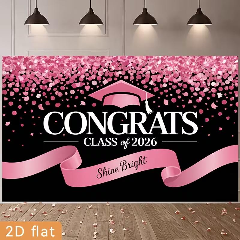 2D Rosa Schwarz Glückwünsche Abschluss Hintergrund Klasse von 2026 Party Dekoration Banner