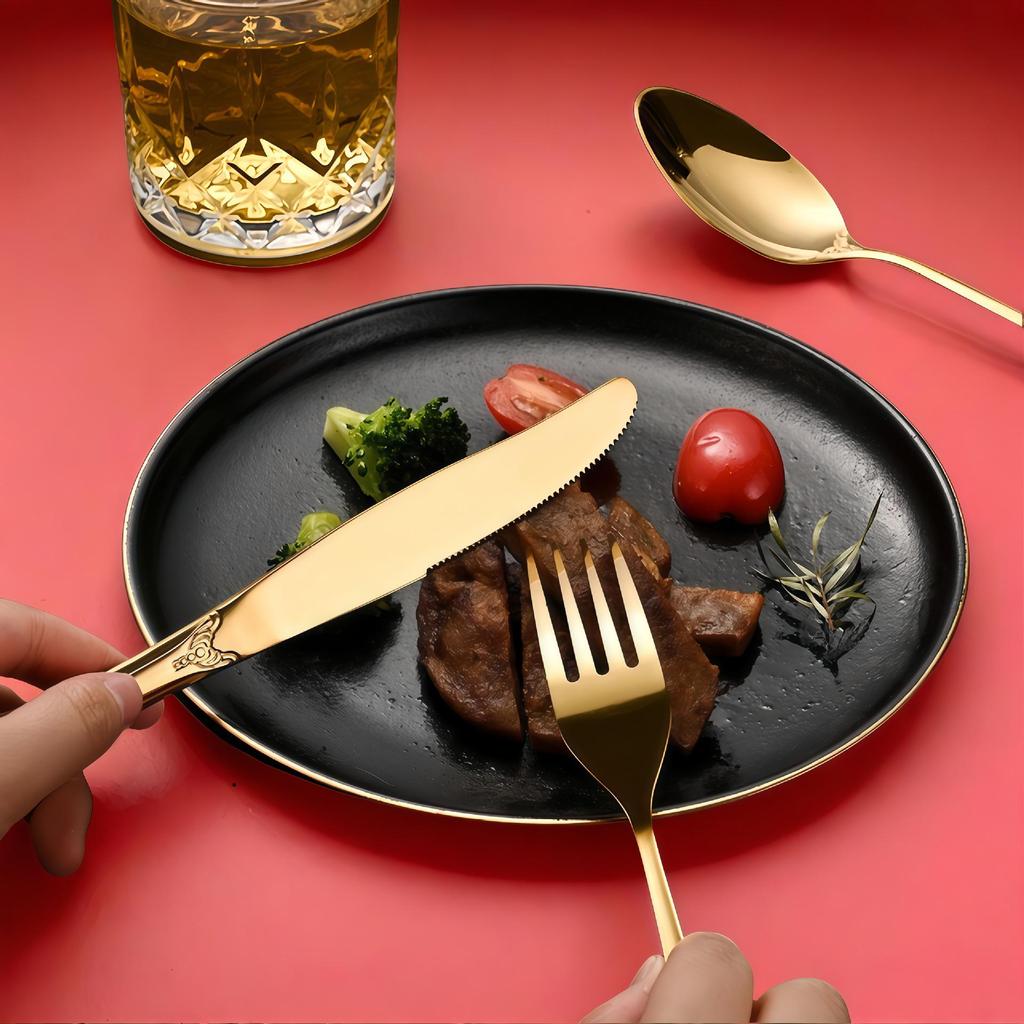 Royal Court Embossed Stainless Steel Cutlery Set – Retro Hollowed Knife, Fork, and Spoon