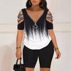 V-neck Zipper Pullover Printed Short-sleeved Fashion Shorts Set
