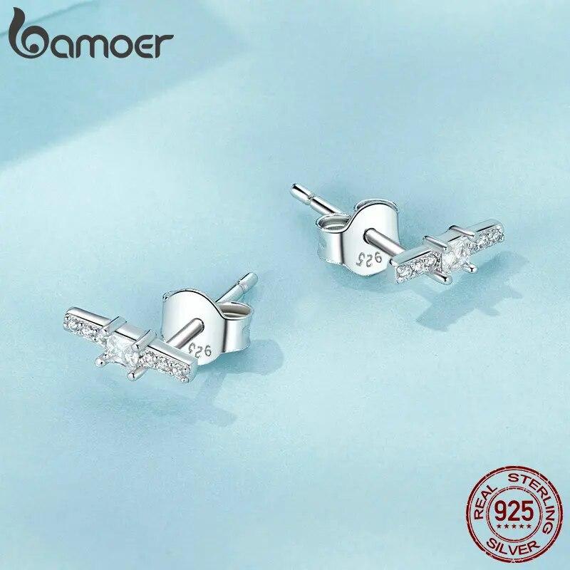 BAMOER 925 Sterling Silver Delicate Mini Line Stud Earrings Sparkling Zircon Earrings for Women Engagement Party Jewelry