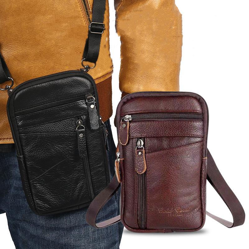 Herren Echte Leder Handy Tasche Crossbody, Vintage Kleine Umhängetasche, Kompakte Hüfttasche mit Reißverschlussfächern, Outdoor Reise Tasche