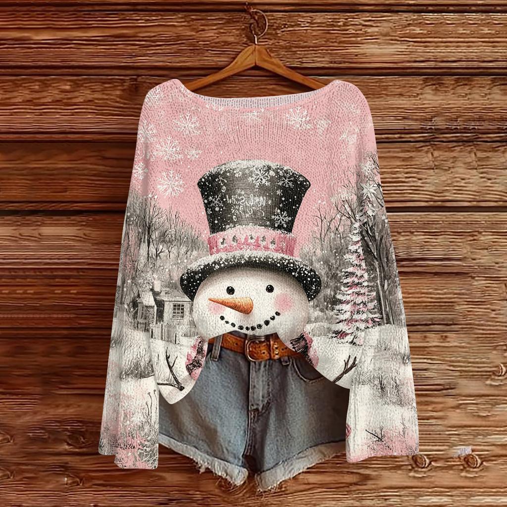 Women's Fashion Christmas Print Lightweight Sweater Casual Long-Sleeve Knit Pullover Top