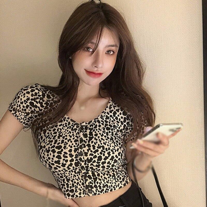 Leopard Print Women's T-Shirt Round Neck Single Breasted Slim Open Navel Short Sleeve One Size Fashionable And Sexy