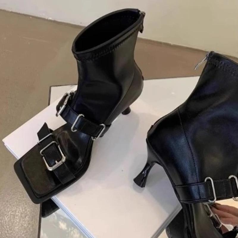 Fashion Summer New Square Toe Open Toe Metal Buckle Booties Women's Cutout Fish Mouth Stiletto Non-slip Women's Sandals