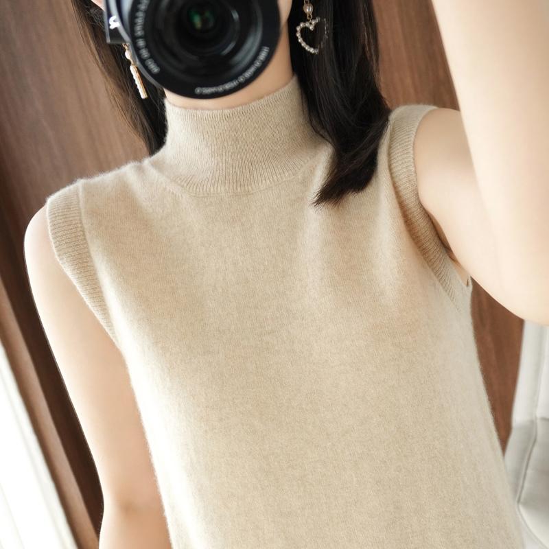 Frauen Tank MODERNE NEUE SAGA Sommer Gestrickte T-shirt Ärmellose Basic Tees Stricken Top Rollkragen Weibliche