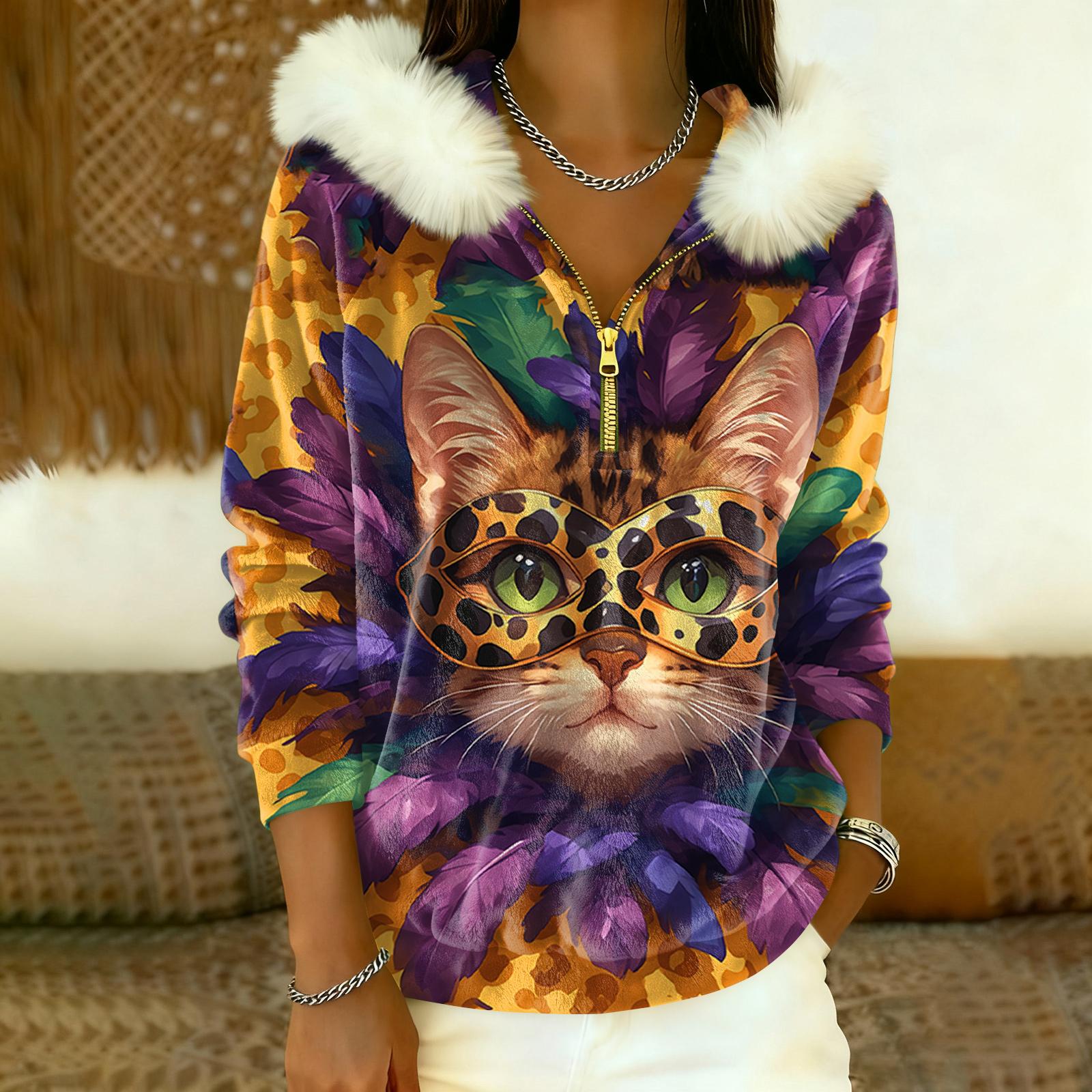 

Женский свободный и удобный повседневный модный топ с капюшоном, длинными рукавами и принтом «Карнавал» на молнии до середины. XXL жёлтый