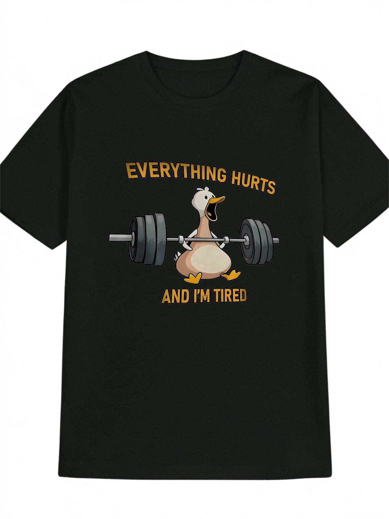 Casual Crew Neck T-shirt with Funny Cartoon Duck Barbell Print XL