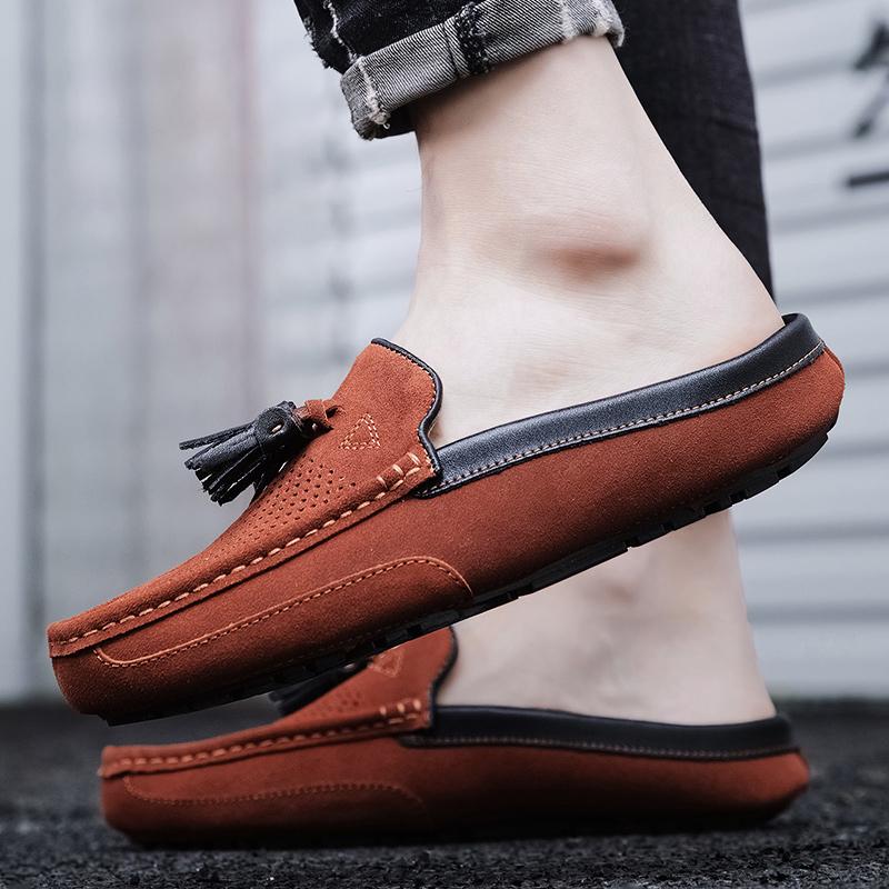 Fashion Breathable Suede Leather Loafers Handmade Mens Casual Muller Shoes Size 38-47 Tassel Slip on Half Flats Handmade Male Moccasins