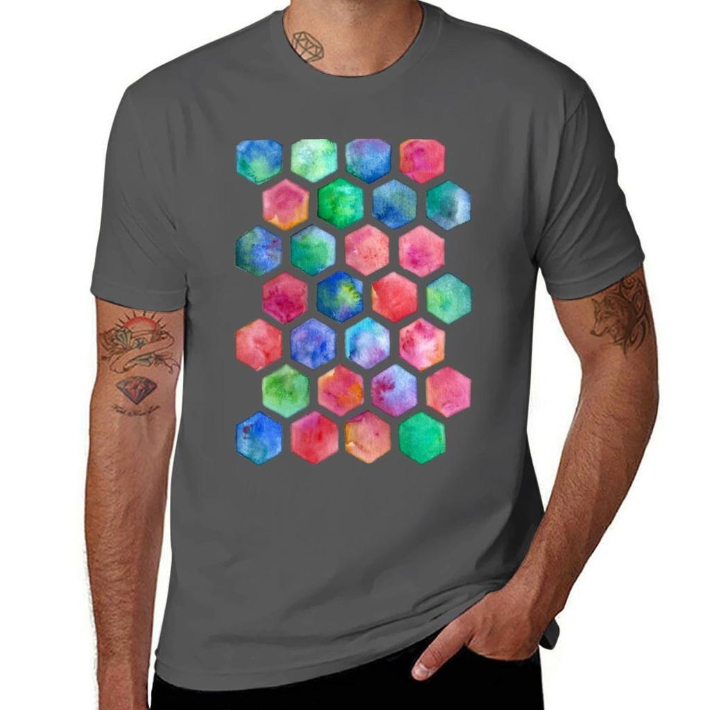 T-shirt con motivo a nido d'ape ad acquerello dipinto a mano T-shirt alla moda con stampa Manica corta