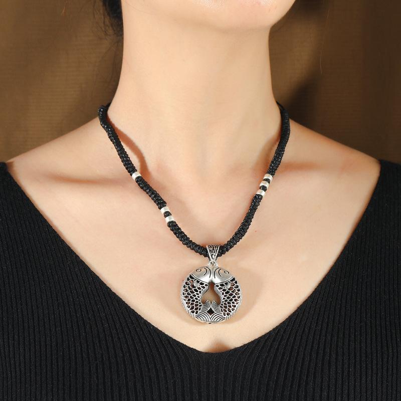 Retro imitation Thai silver short necklace femininity versatile collarbone chain flower fish handwoven jewelry