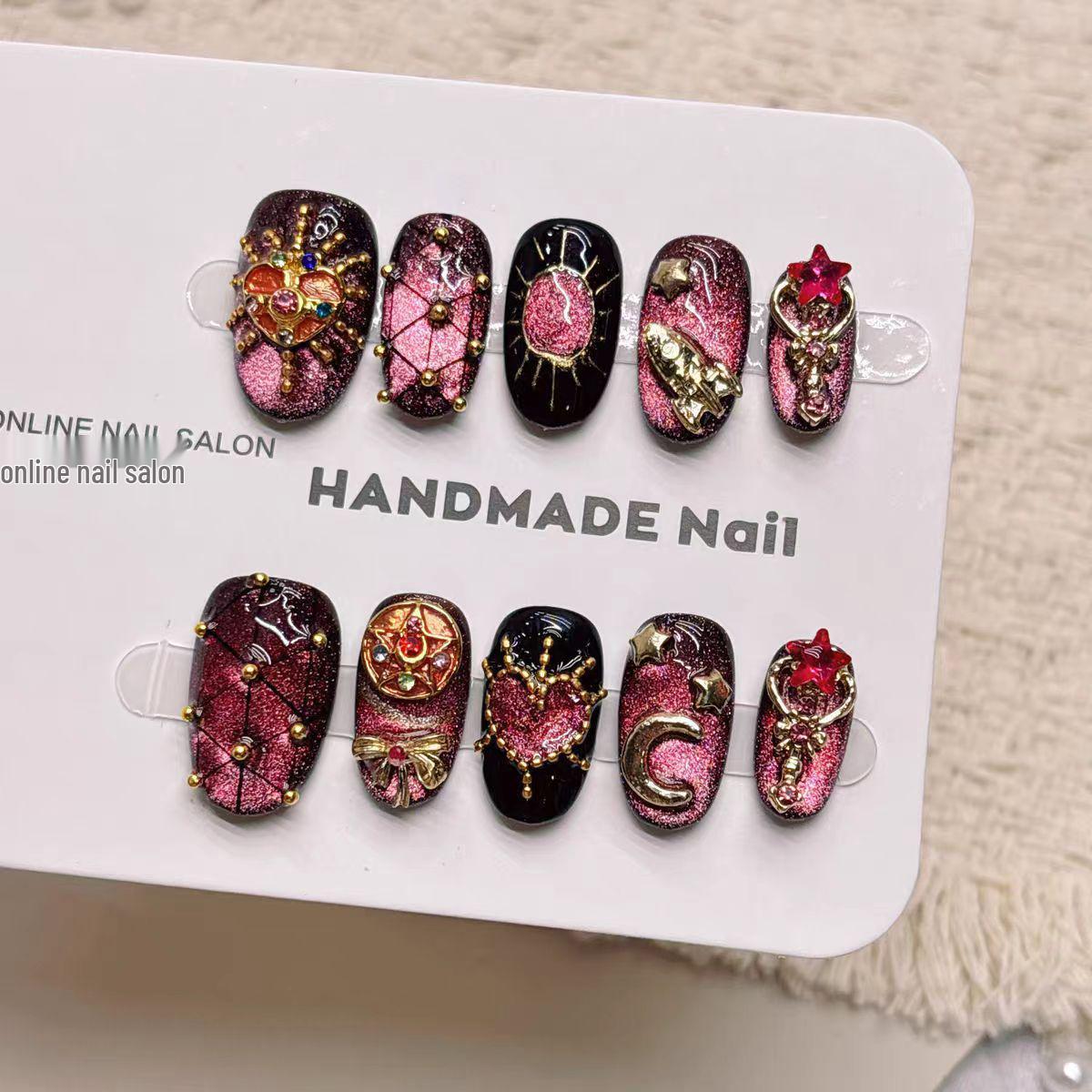Gradient Cat Eye Purple Sailor Moon Fake Nail Tips - Medium Length Pointed Manicure, Pure Handmade Wearable Nails