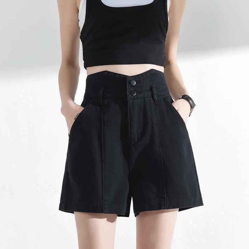 Women s Black Denim High-Waist A-Line Shorts - Spring 2026, Plus Size, Trendy Wide Leg S (42-50 kg)