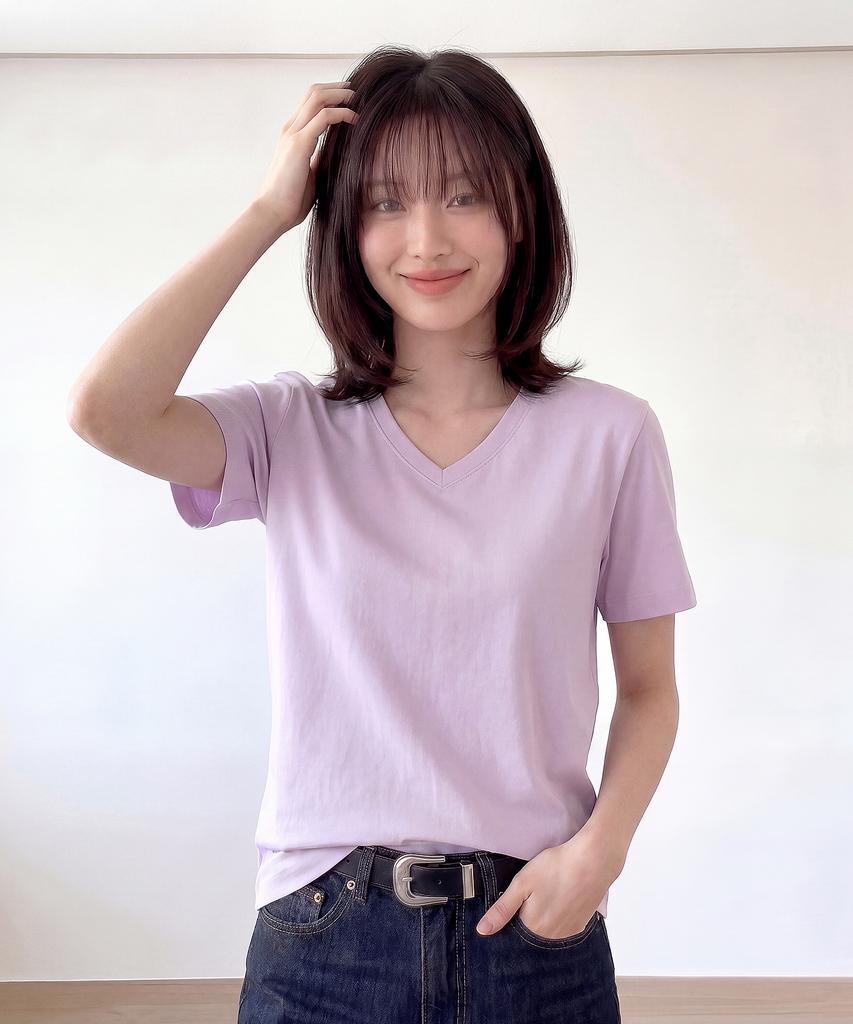 BASIC HOUSE Women'S V-Neck Stretch Slim Fit Short Sleeve T-Shirt Lavender Lats0204 (B Type)
