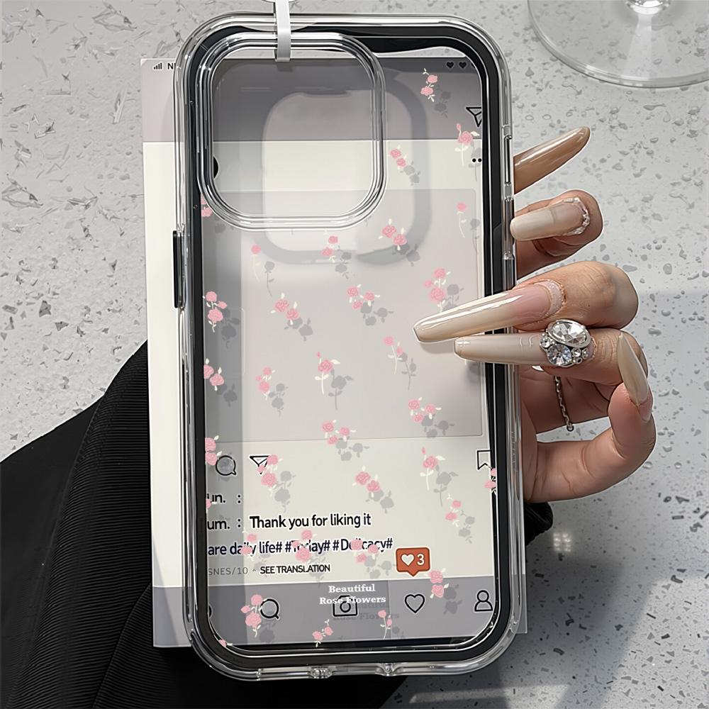 2 IN 1 Pink Flower Clear Phone Case For iPhone 16 Pro Case For iPhone 11 12 13 14 15 17 Pro Max 17 Air Soft Shockproof Cover