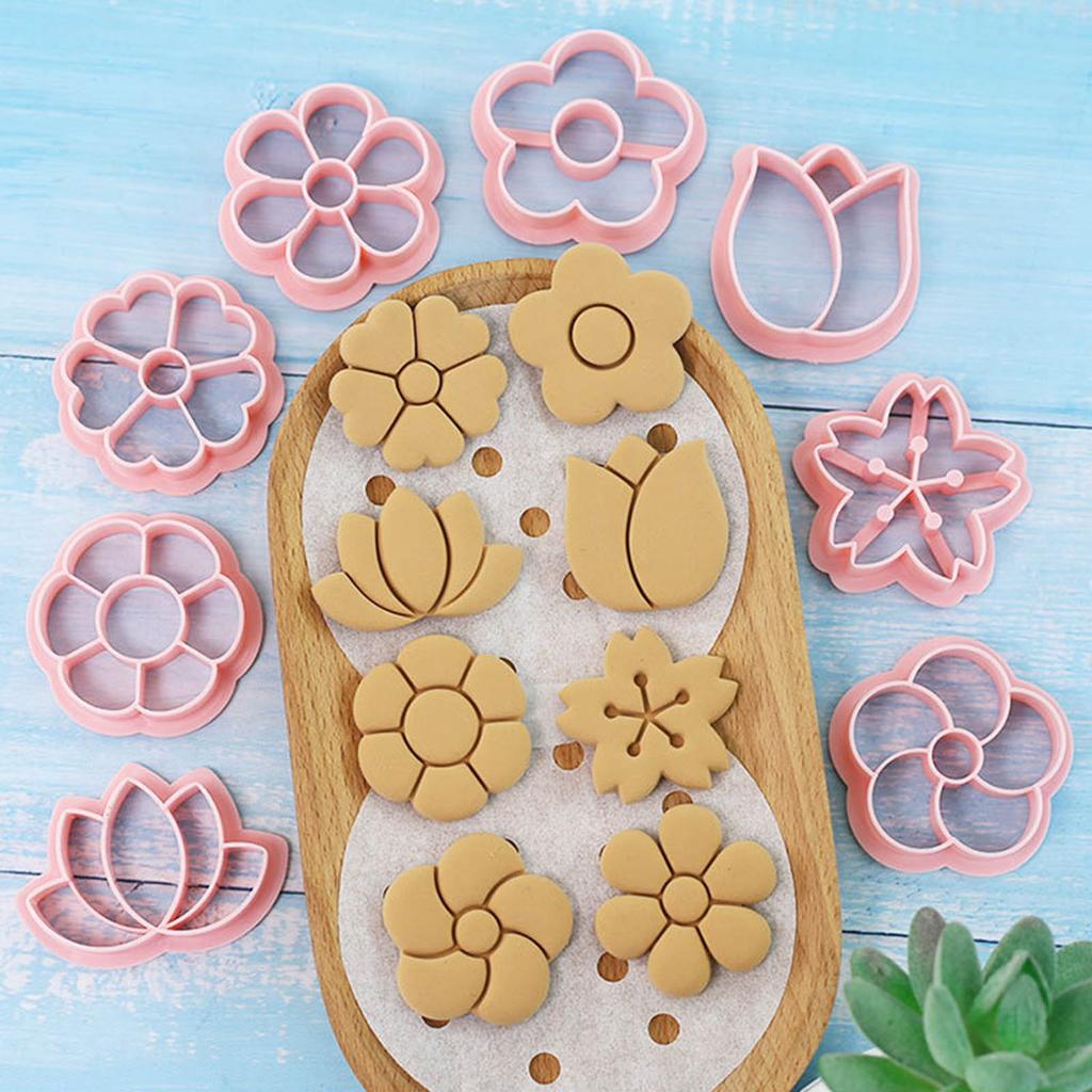 8pcs Flower Shaped Cookie Mould Biscuit Fondant Embosser Stamp for Wedding Party Plastic Cake Decorating Baking Supplies
