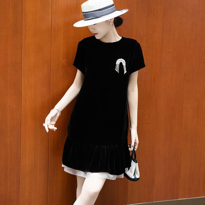 Lanseer 2026 Summer French Hepburn Silk Dress with Embroidery & Tassels